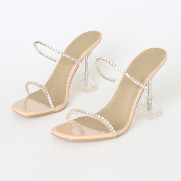 Lulus Light Nude Patent Rhinestone Square-Toe High Heel Sandals - Picture 2 of 4